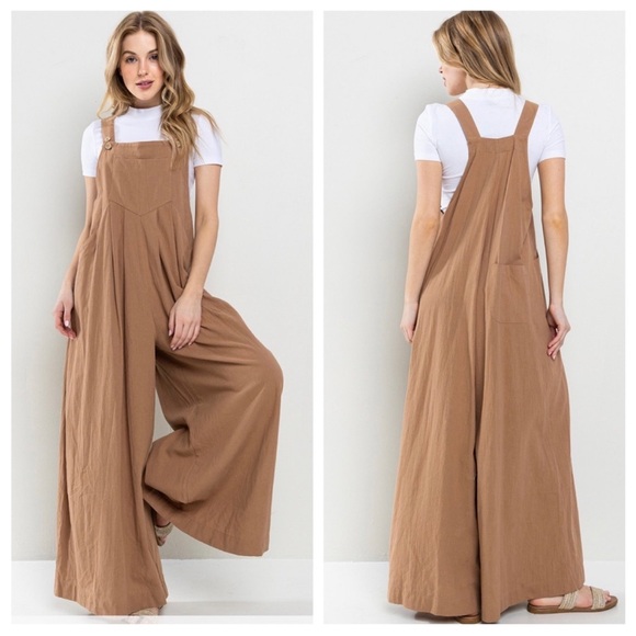 NEW Boho Solid Linen Three Button Wide Leg Jumpsuit - Picture 4 of 10